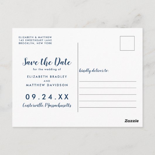 Blue Yellow Cape Cod Wedding Save the Date Postkarte (Rückseite)
