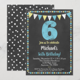 Blue Yellow Chalkboard 6. Geburtstag Einladung