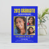 Blue Yellow Class of 2013 Graduate Foto Einladung (Stehend Vorderseite)