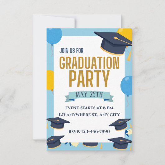 Blue Yellow Colorful Graduation Party Invitation Einladung (Vorderseite)