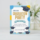 Blue Yellow Colorful Graduation Party Invitation Einladung (Stehend Vorderseite)