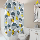 Blue Yellow Cute Rubber Duck Parachute Sky Clouds Duschvorhang
