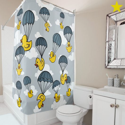 Blue Yellow Cute Rubber Duck Parachute Sky Clouds Duschvorhang