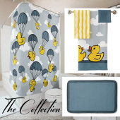 Blue Yellow Cute Rubber Duck Parachute Sky Clouds Duschvorhang