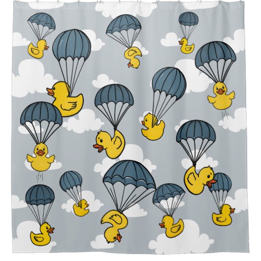 Blue Yellow Cute Rubber Duck Parachute Sky Clouds Duschvorhang (Vorderseite)