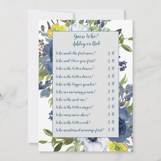 Blue Yellow Floral Brautparty Game Card Einladung (Vorderseite)