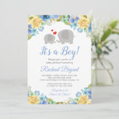 Blue Yellow Floral Rose Junge Elephant Baby Dusche Einladung (Stehend Vorderseite)