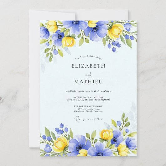 Blue Yellow Floral Spring Wedding Einladung (Vorderseite)
