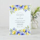Blue Yellow Floral Spring Wedding Einladung (Stehend Vorderseite)