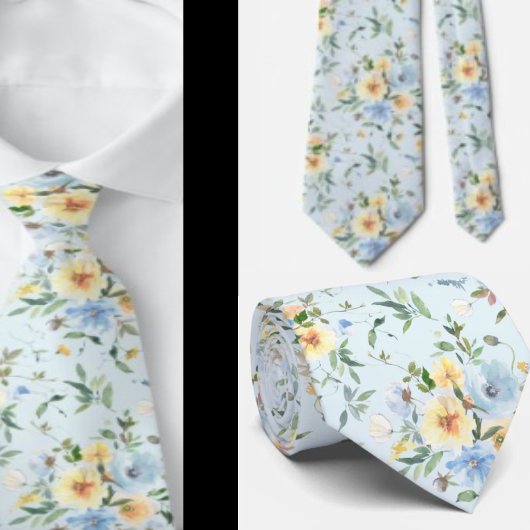 Blue Yellow Floral Watercolor Neck Tie Necktie Krawatte