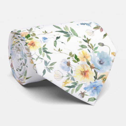 Blue Yellow Floral Watercolor Neck Tie Necktie Krawatte (Gerollt)