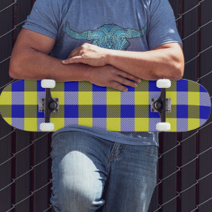 Blue Yellow Gingham Karo Design Skateboard