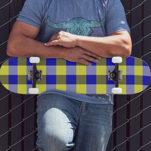Blue Yellow Gingham Karo Design Skateboard
