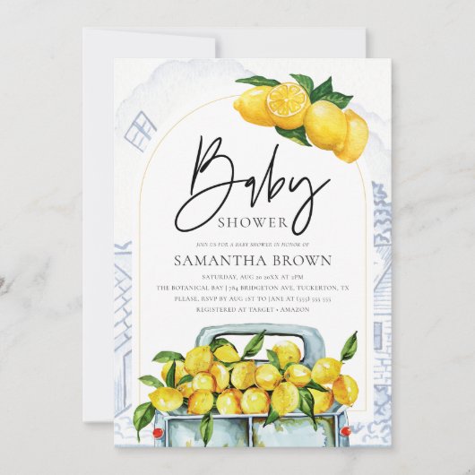 Blue & Yellow Lemon Italienische Babydusche Einladung (Vorderseite)