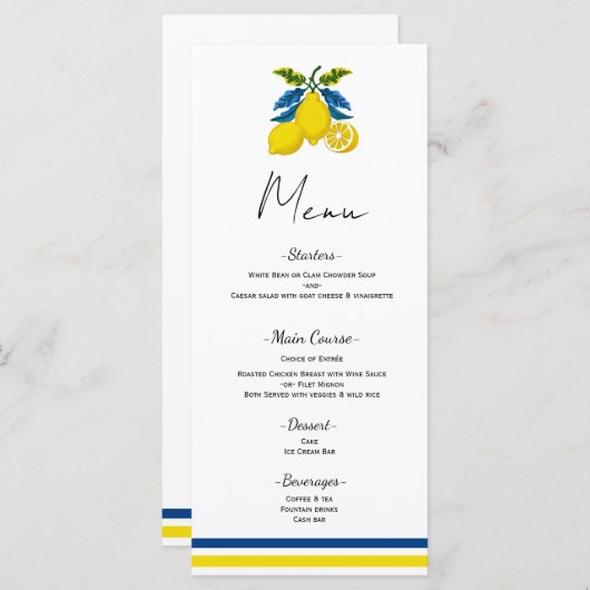 Blue Yellow Lemon Mediterrane Hochzeitsmenü Menükarte (Vorne/Hinten)