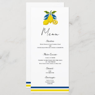 Blue Yellow Lemon Mediterrane Hochzeitsmenü Menükarte
