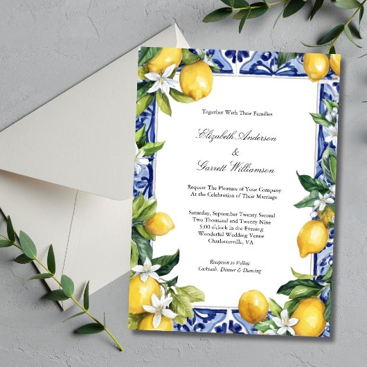 Blue Yellow Lemon Mediterranean Tile Wedding Einladung