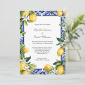 Blue Yellow Lemon Mediterranean Tile Wedding Einladung (Stehend Vorderseite)