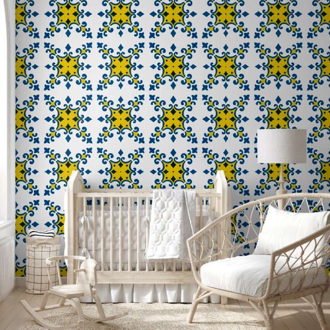 Blue Yellow Lilie Azulejo Pattern Tapete (Kinder)