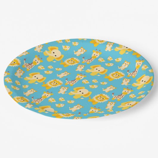 Blue Yellow Lions Elephants Safari Tiere Pappteller (Schrägansicht)