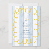 Blue Yellow Mediterranean Lemon Wedding with Strip Einladung (Vorderseite)