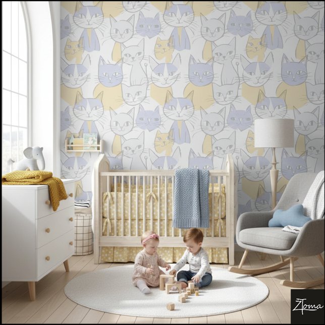 Blue Yellow Mid-Century Abstract Cat Pattern Tapete (Von Creator hochgeladen)