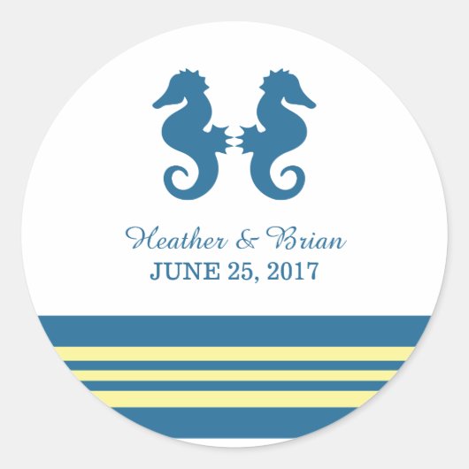 Blue Yellow Nautic Seepferd Wedding Stickers (Vorderseite)
