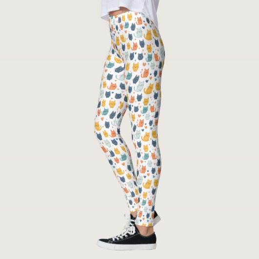 Blue Yellow Orange Kawaii Whimsical Cat Pattern Leggings (Links)