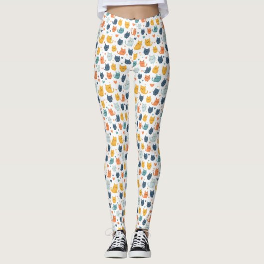Blue Yellow Orange Kawaii Whimsical Cat Pattern Leggings (Vorderseite)