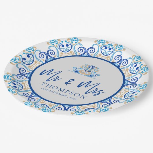 Blue Yellow Ornamental Mr. Name Wedding Party Pappteller (Schrägansicht)