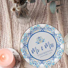 Blue Yellow Ornamental Mr. Name Wedding Party Pappteller