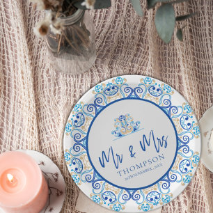 Blue Yellow Ornamental Mr. Name Wedding Party Pappteller