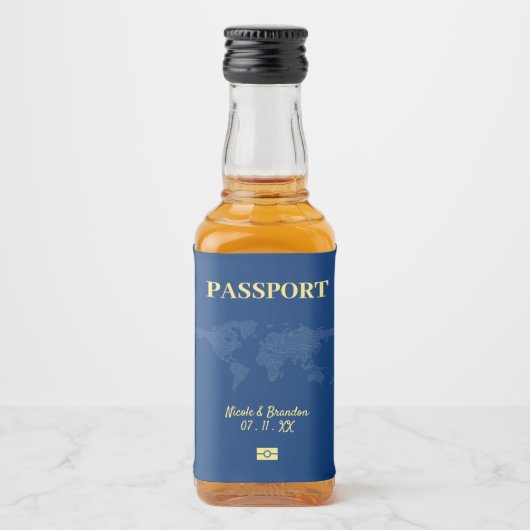 Blue & Yellow Passport-Hochzeit in Urlaubsort Alkoholflaschenetikett (Vorderseite)