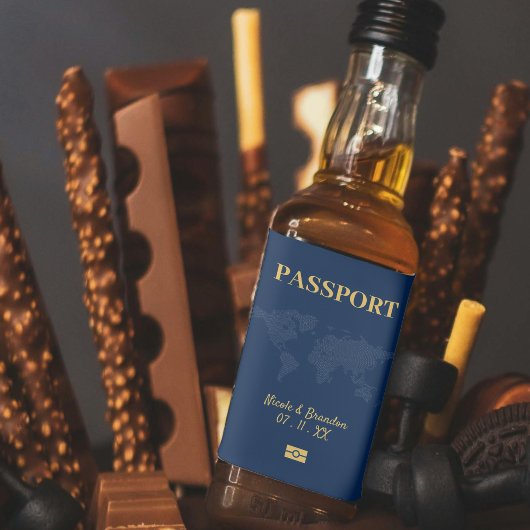 Blue & Yellow Passport-Hochzeit in Urlaubsort Alkoholflaschenetikett