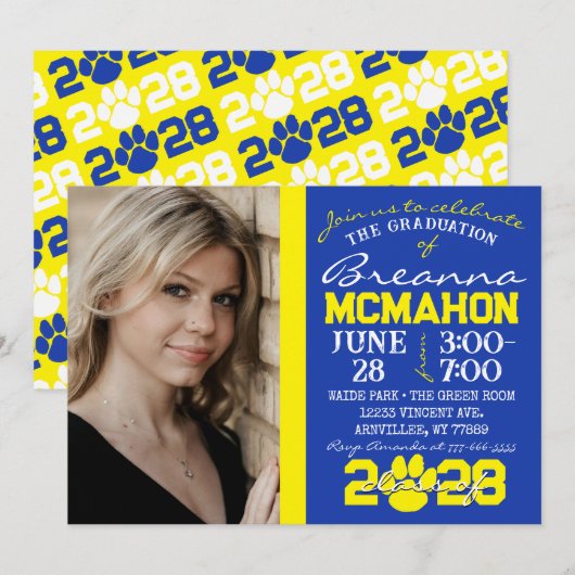 Blue & Yellow Pawprint Abschluss Foto Einladung (Vorne/Hinten)