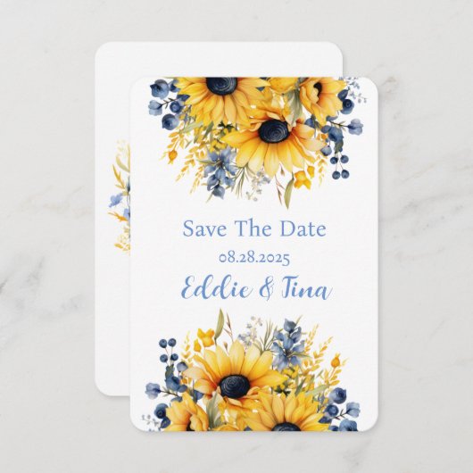 Blue Yellow Peony Bouquet Wedding Save The Date (Vorne/Hinten)