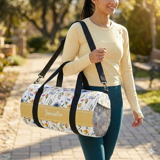 Blue Yellow Pink Watercolor Wildflower Monogram Duffle Bag