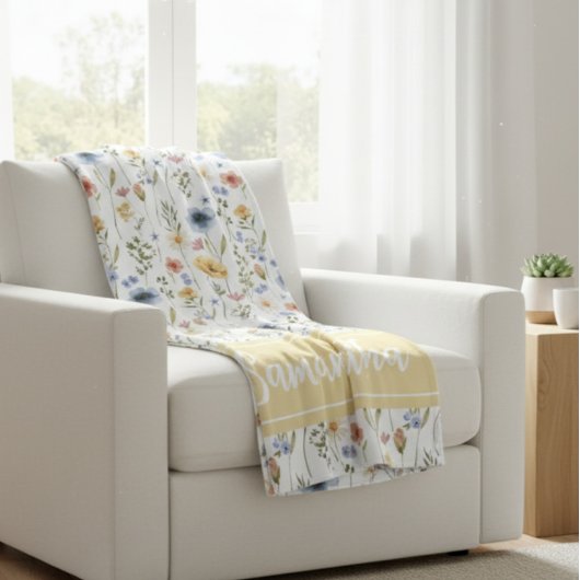 Blue Yellow Pink Watercolor Wildflower Name Fleecedecke