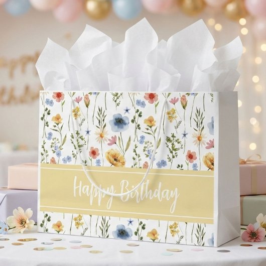 Blue Yellow Pink Watercolor Wildflower Name Große Geschenktüte