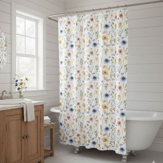 Blue Yellow Pink Wildflower Watercolor Duschvorhang