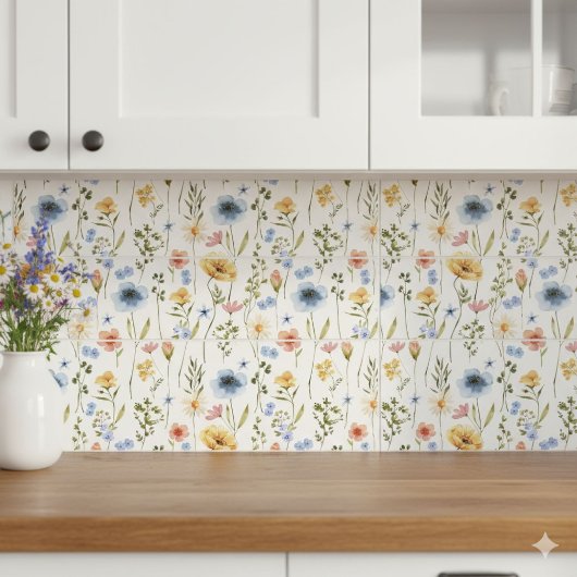 Blue Yellow Pink Wildflower Watercolor Fliese