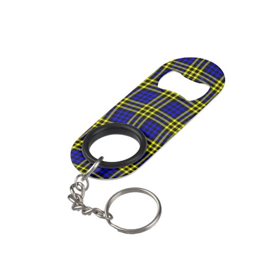 Blue Yellow Plaid Checker Seamless Pattern Mini Flaschenöffner (Rückseite Schrägansicht)