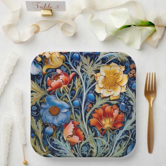 Blue Yellow Red Blume William Morris Style Pappteller (Hochzeit)