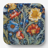 Blue Yellow Red Blume William Morris Style Pappteller (Vorderseite)