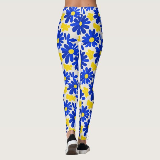Blue & Yellow Retro Daisy Print Leggings (Rückseite)