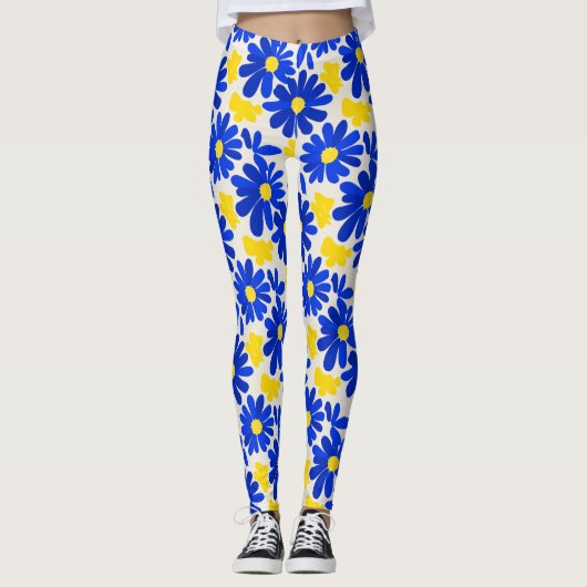 Blue & Yellow Retro Daisy Print Leggings (Vorderseite)