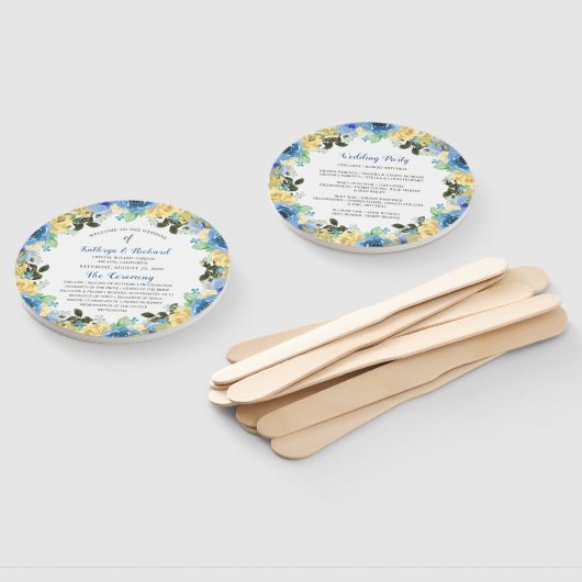 Blue Yellow Rose Garden Wedding Program Hand Fan Fächer (Non-assembled)