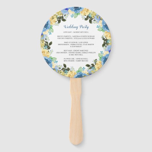 Blue Yellow Rose Garden Wedding Program Hand Fan Fächer (Rückseite)