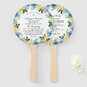 Blue Yellow Rose Garden Wedding Program Hand Fan Fächer