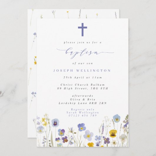 Blue & Yellow Stiefmütterchens Wildblumen Taufe Einladung (Vorne/Hinten)